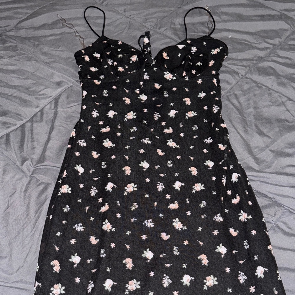 Elegant Asymmetrical Black Floral Dress